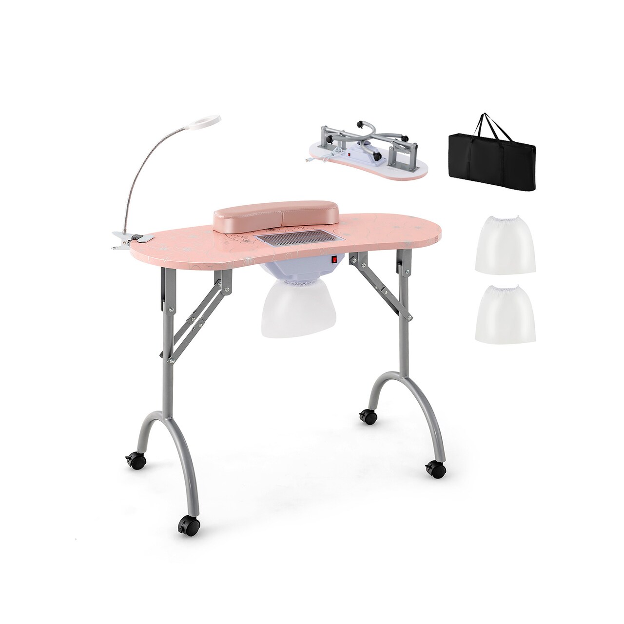 Pink Foldable Manicure Nail Table with 4 Lockable Wheels and LED Table Lamp